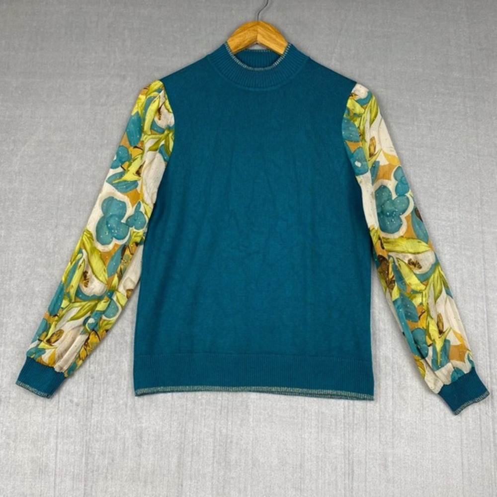 Womens Sweater S Green Mock Neck Metallic Chiffon‎ Sheer Sleeves Autumnal Chic